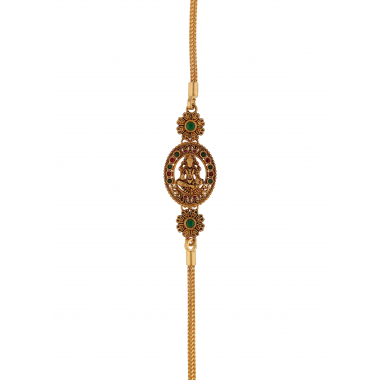 Traditional God Amman Mugappu Gold Chain with Red and Green Stones